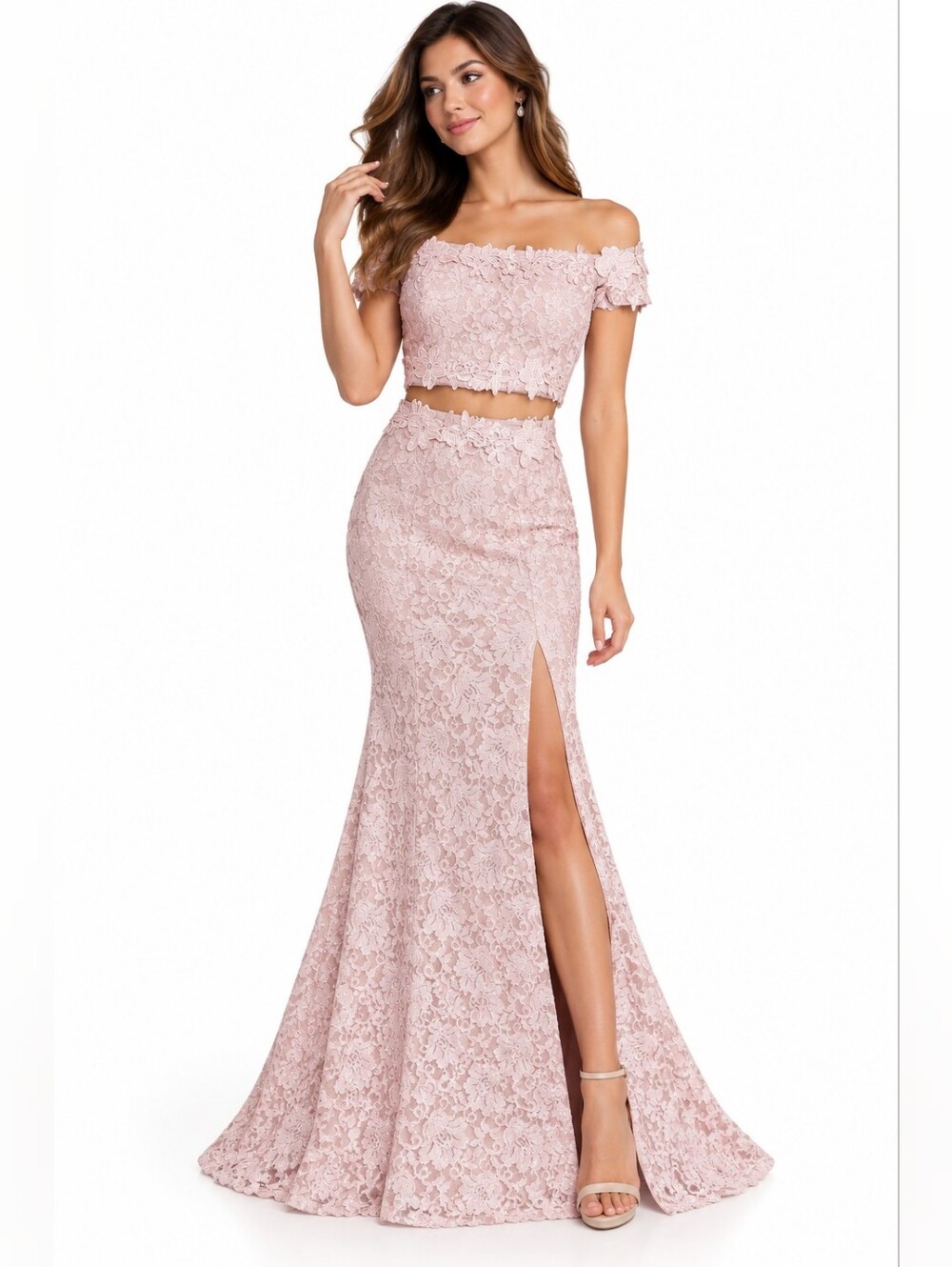 New My Michelle Prom Dress Size 5 2 Piece Blush Pink Lace Off Shoulder Formal